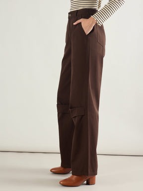 Brown Twill Knee Pleated Wide Leg Pants-SASSAFRAS BASICS
