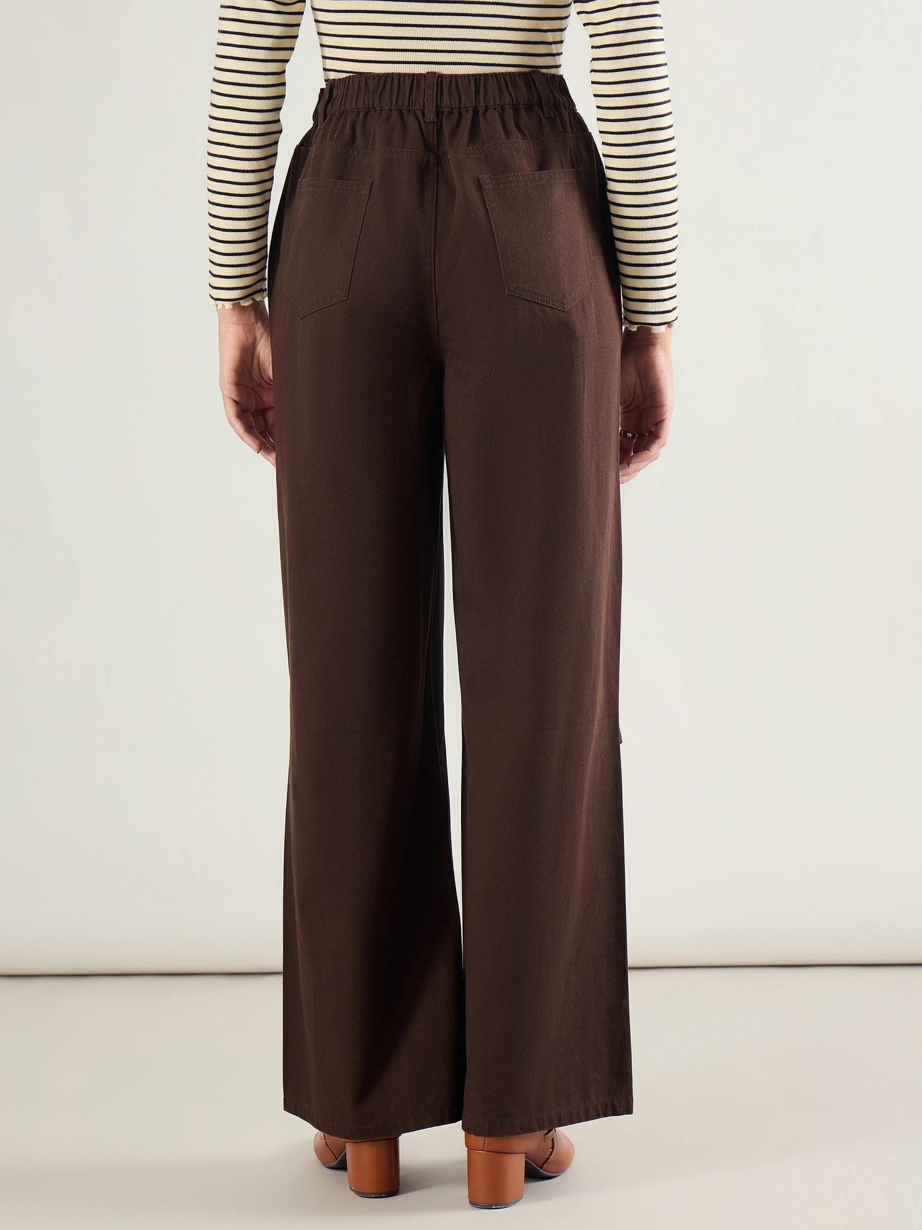 Brown Twill Knee Pleated Wide Leg Pants-SASSAFRAS BASICS
