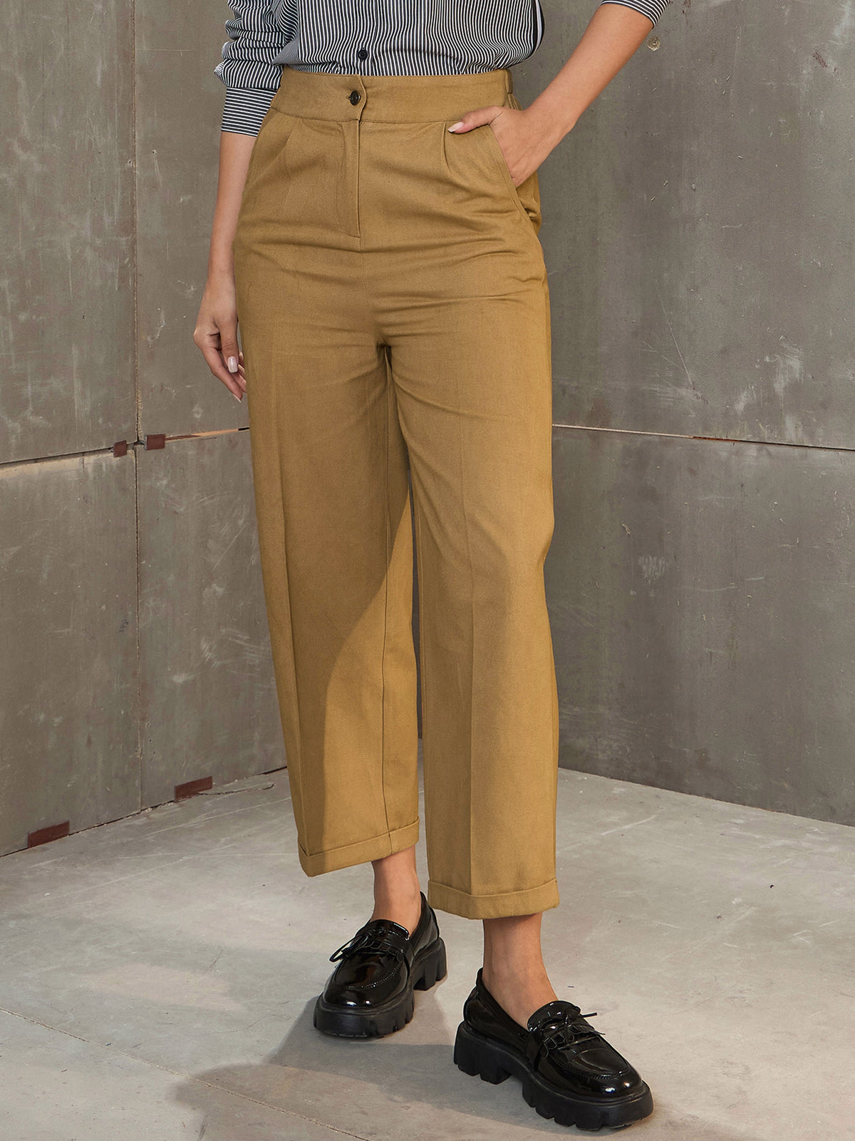 Khaki Brown Twill Wide Leg Pants -SASSAFRAS