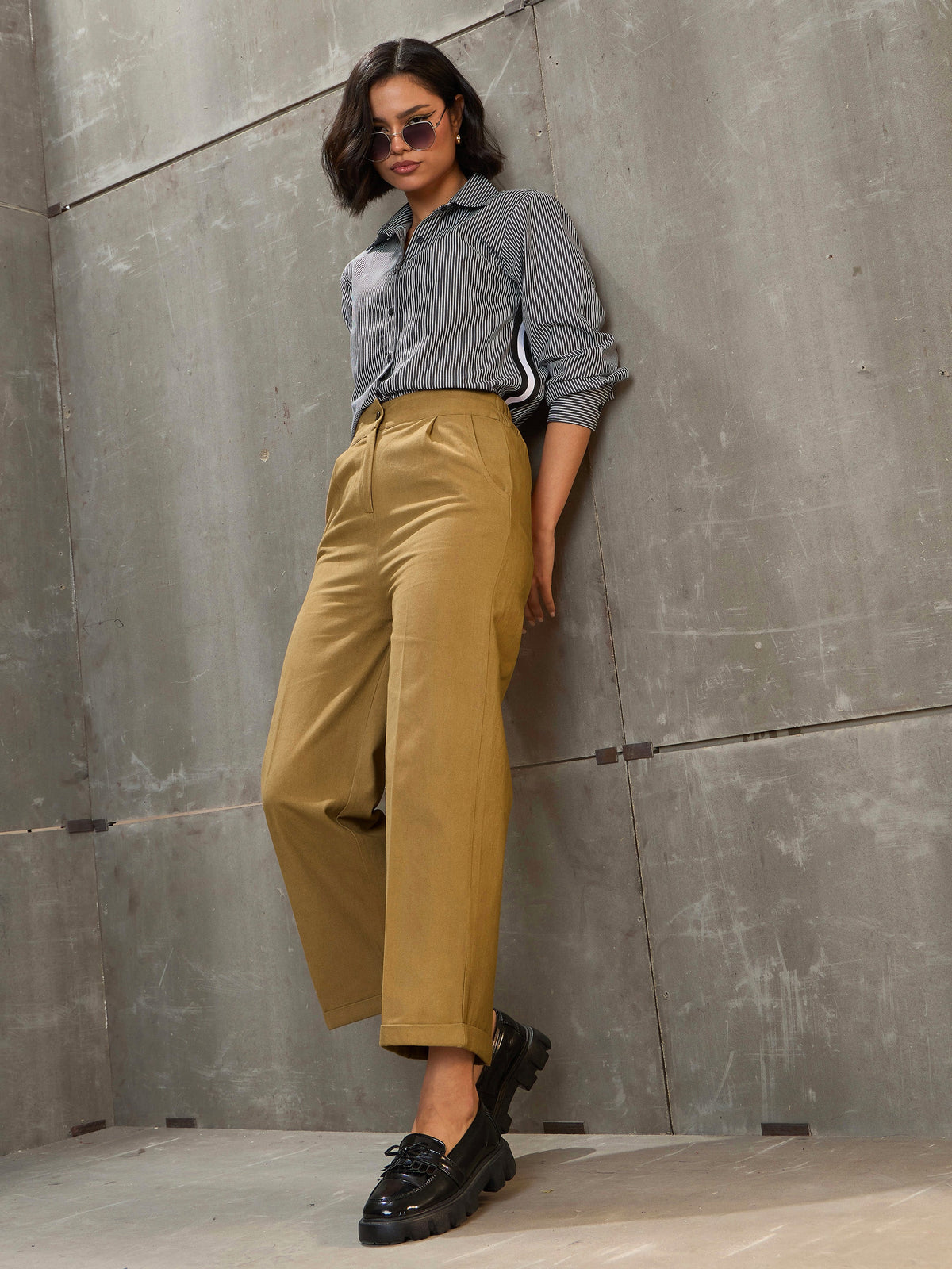Khaki Brown Twill Wide Leg Pants -SASSAFRAS