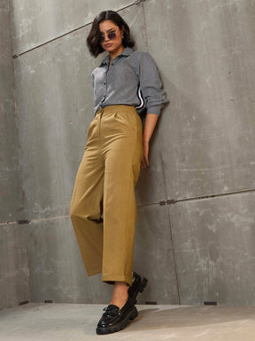 Khaki Brown Twill Wide Leg Pants -SASSAFRAS