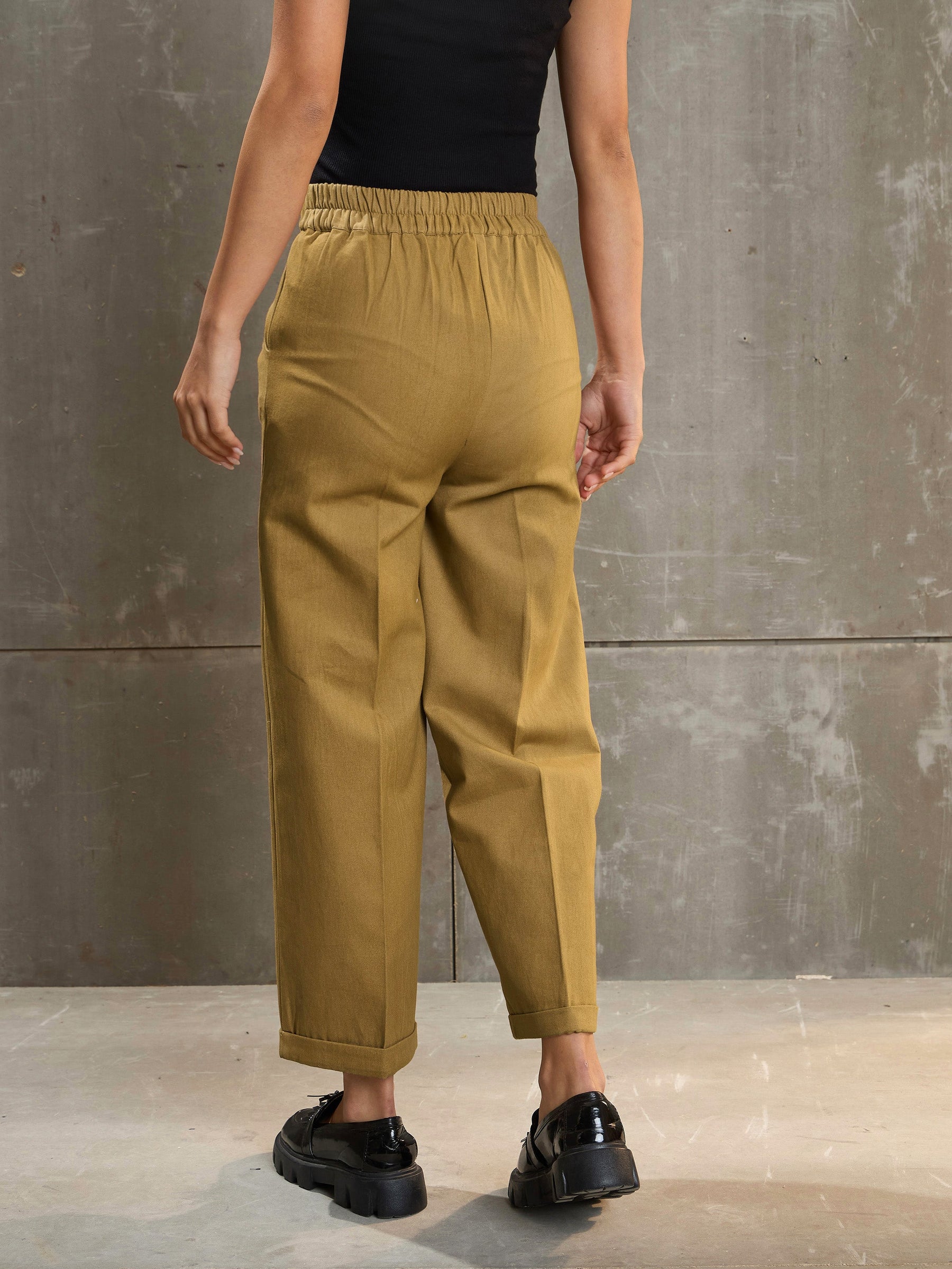 Khaki Brown Twill Wide Leg Pants -SASSAFRAS