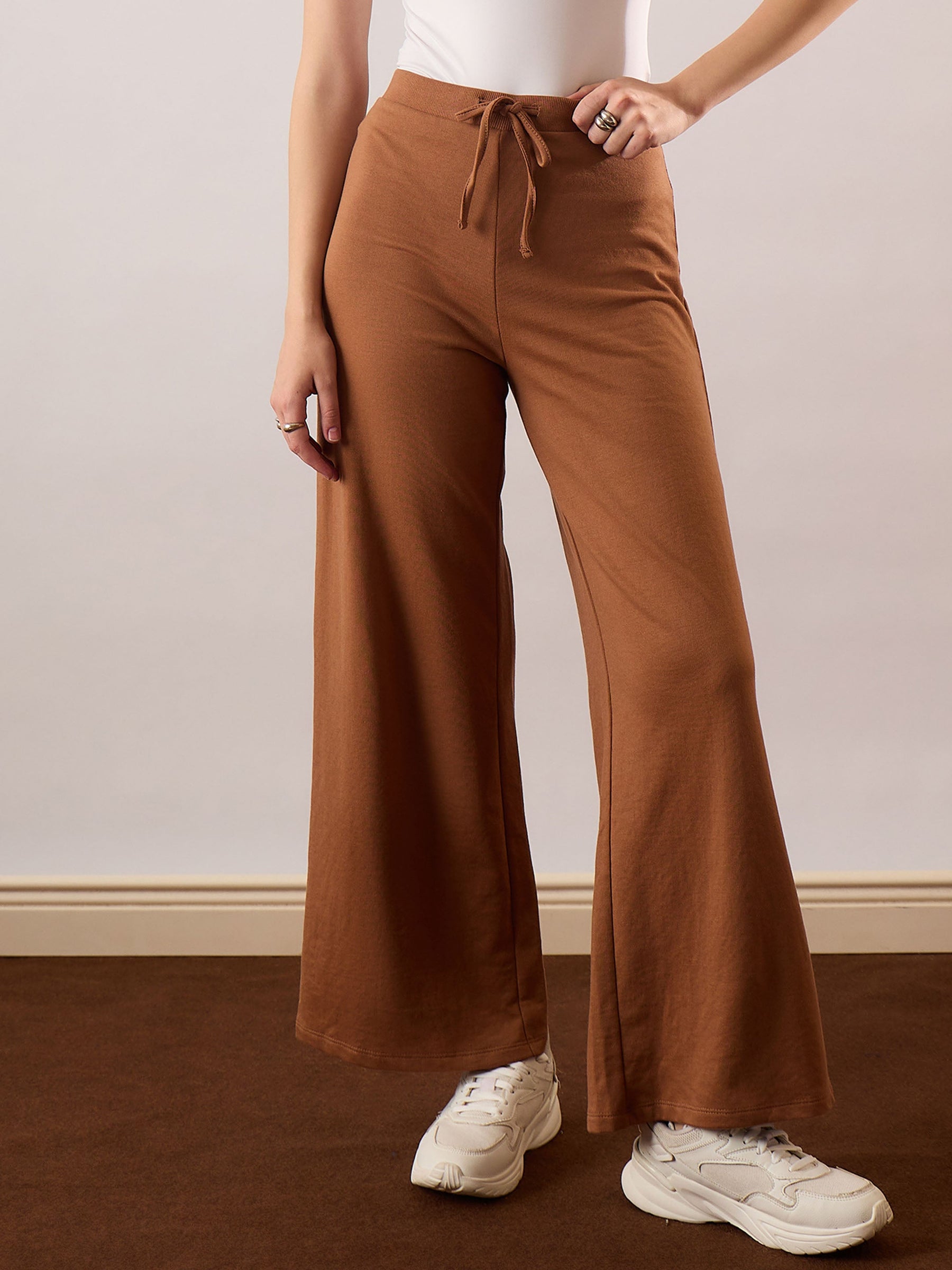 Women Tan Terry Wide Leg Drawstring Pants