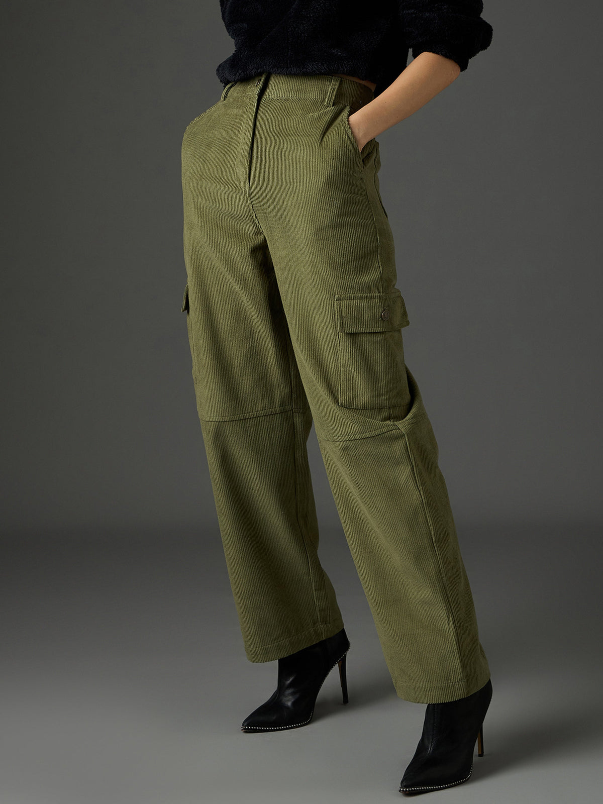 Olive Corduroy Straight Fit Cargo Pants-SASSAFRAS