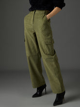 Olive Corduroy Straight Fit Cargo Pants-SASSAFRAS
