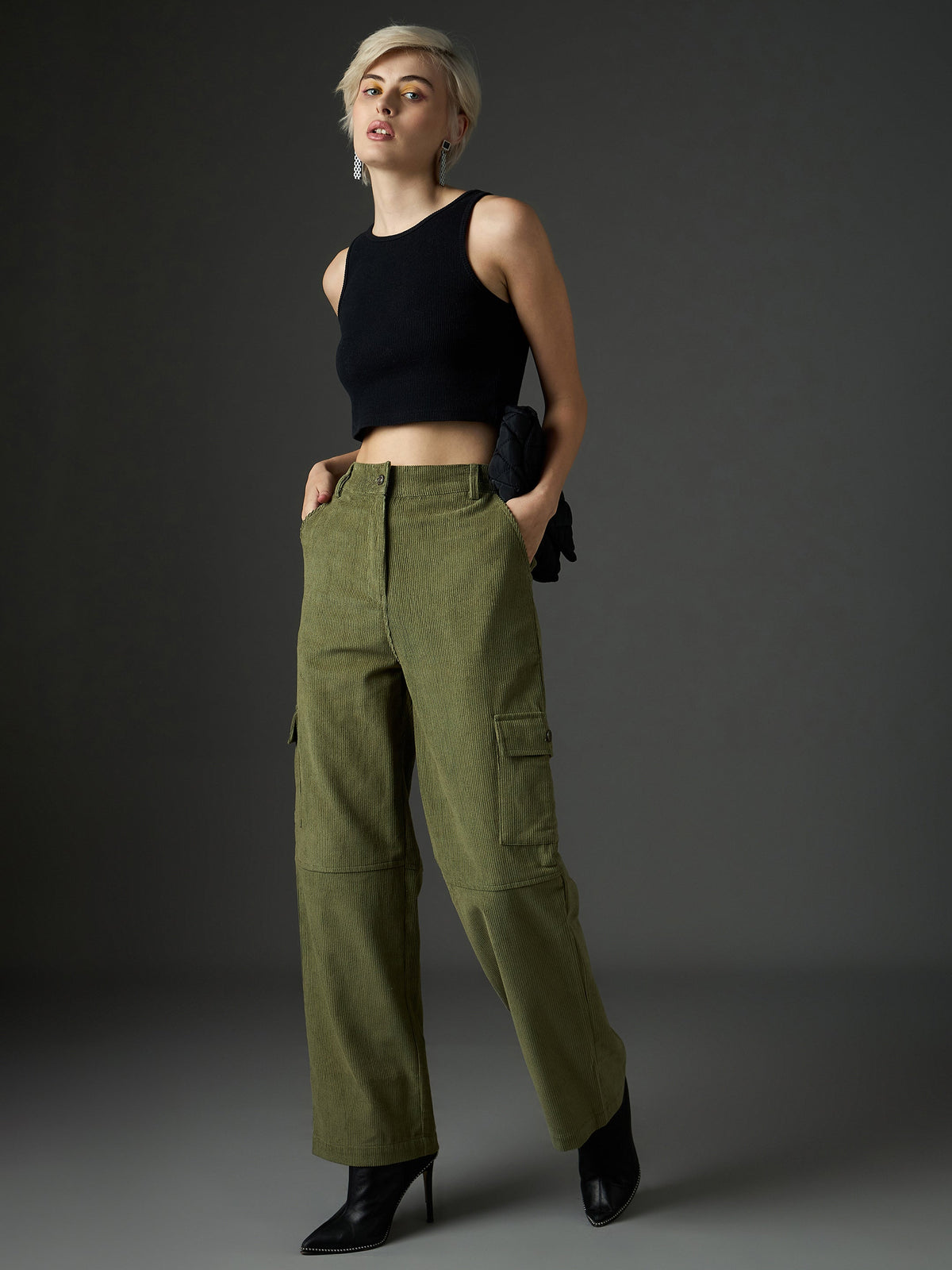 Olive Corduroy Straight Fit Cargo Pants-SASSAFRAS