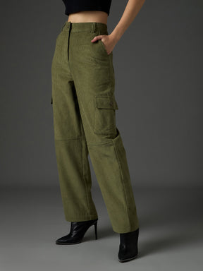 Olive Corduroy Straight Fit Cargo Pants-SASSAFRAS