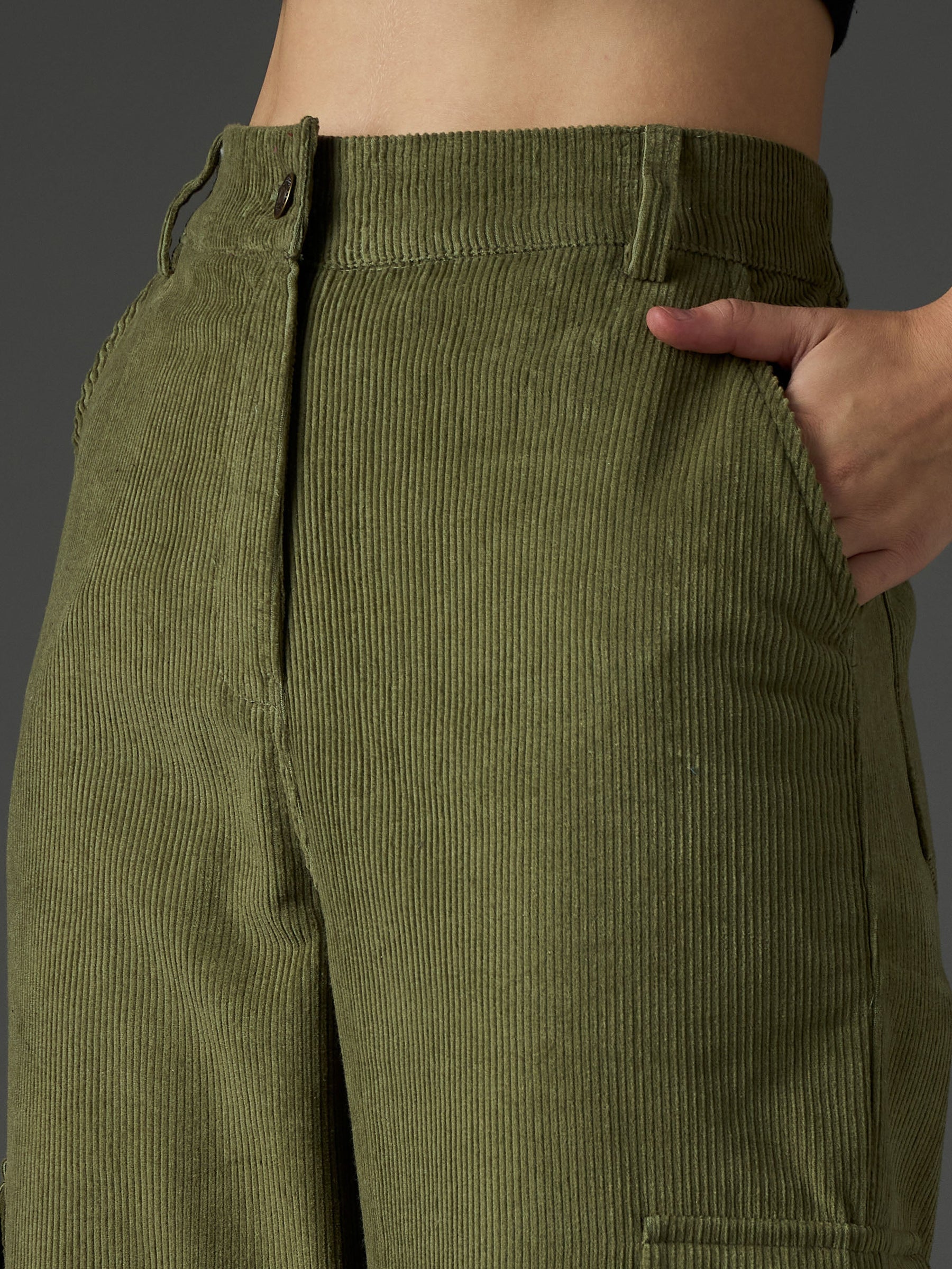 Olive Corduroy Straight Fit Cargo Pants-SASSAFRAS