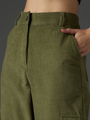 Olive Corduroy Straight Fit Cargo Pants-SASSAFRAS