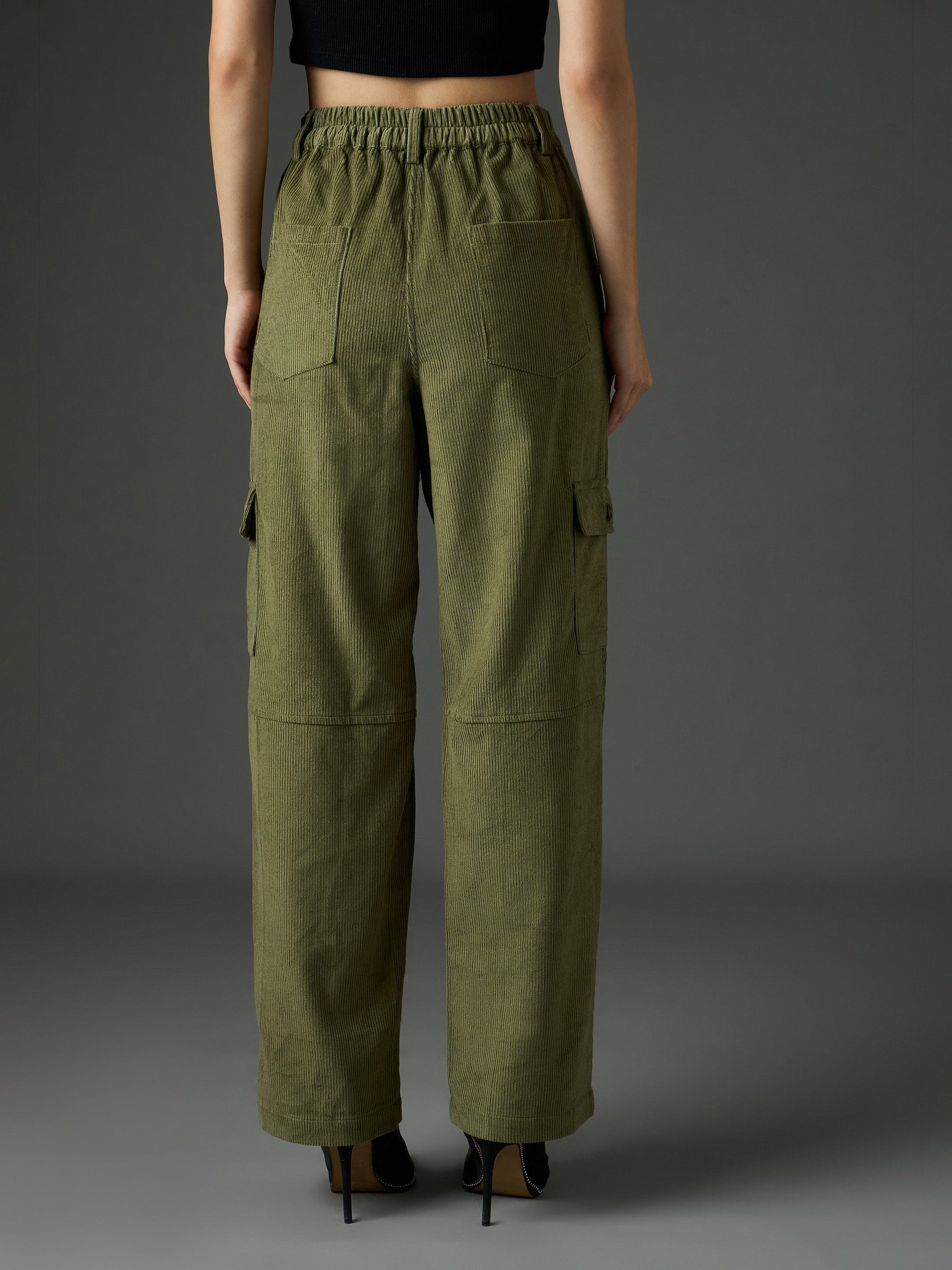 Olive Corduroy Straight Fit Cargo Pants-SASSAFRAS