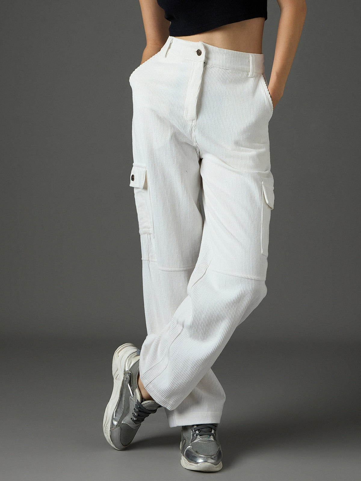 White Corduroy Straight Fit Cargo Pants-SASSAFRAS