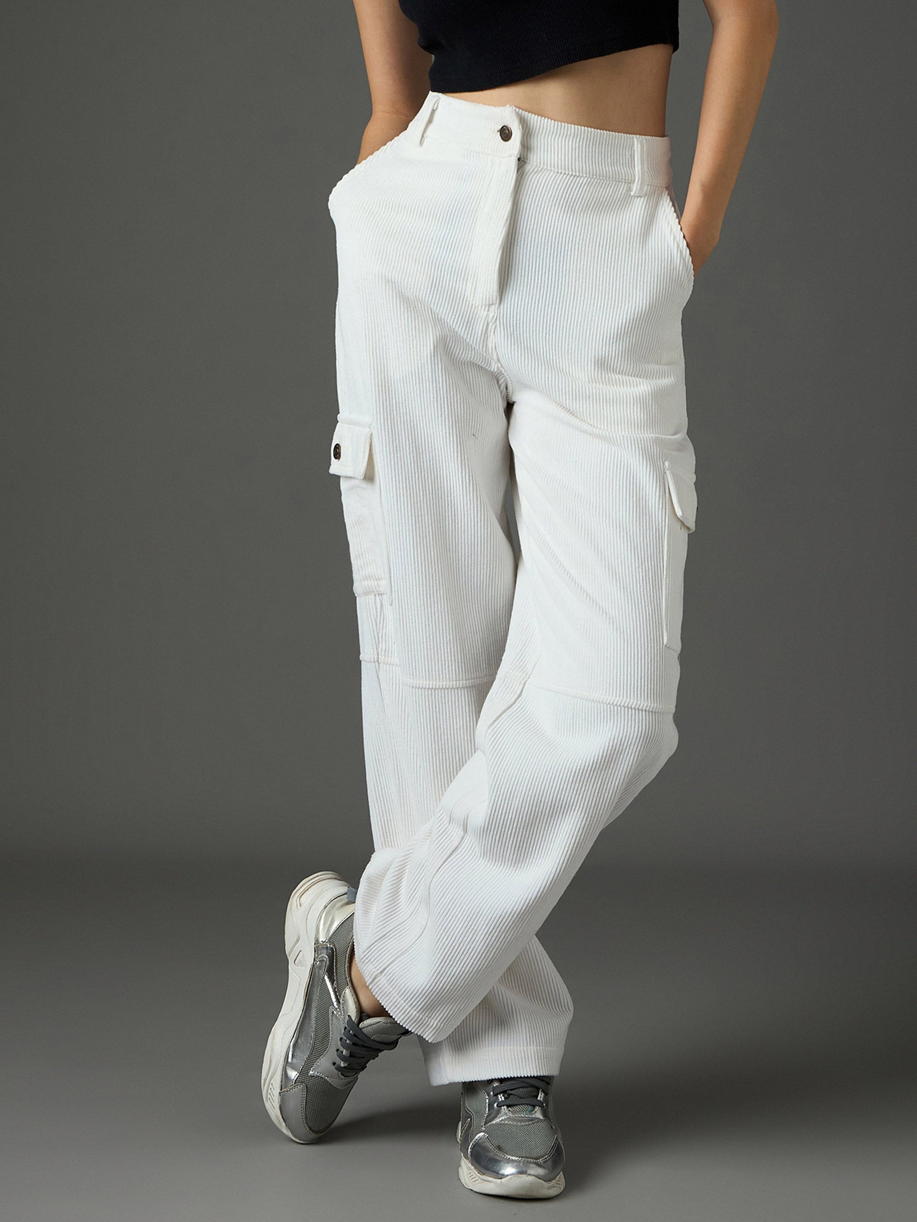White Corduroy Straight Fit Cargo Pants-SASSAFRAS