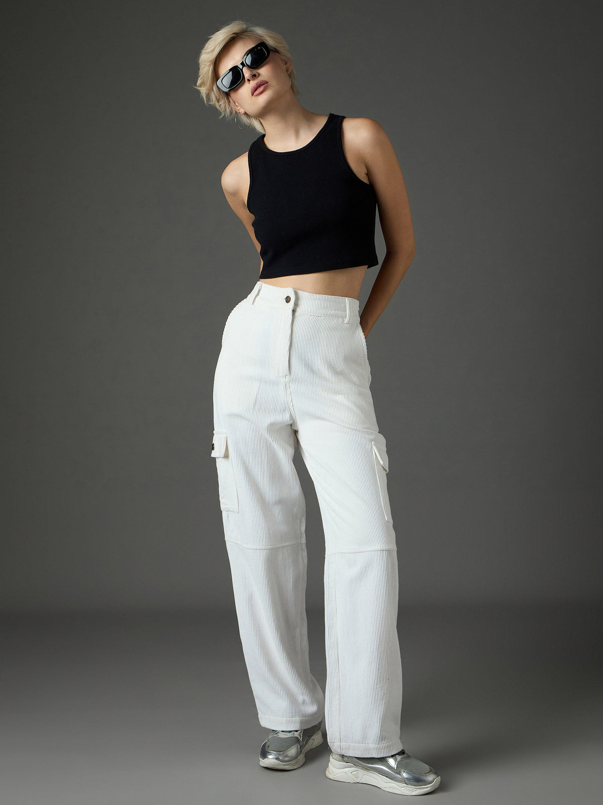 White Corduroy Straight Fit Cargo Pants-SASSAFRAS