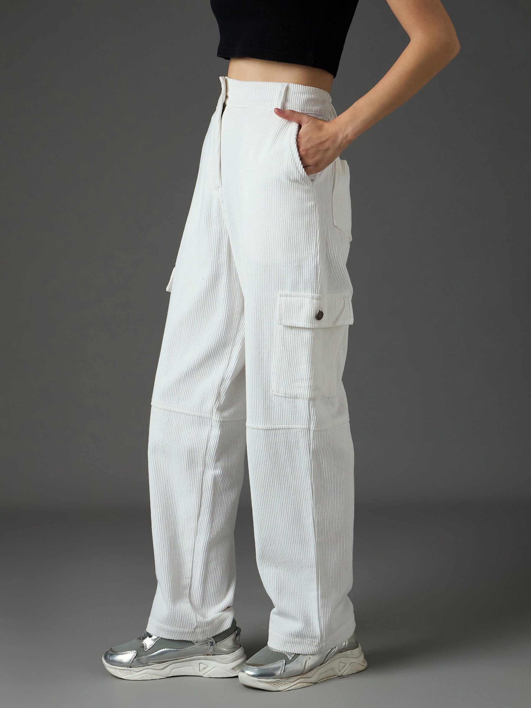 White Corduroy Straight Fit Cargo Pants-SASSAFRAS