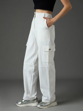 White Corduroy Straight Fit Cargo Pants-SASSAFRAS