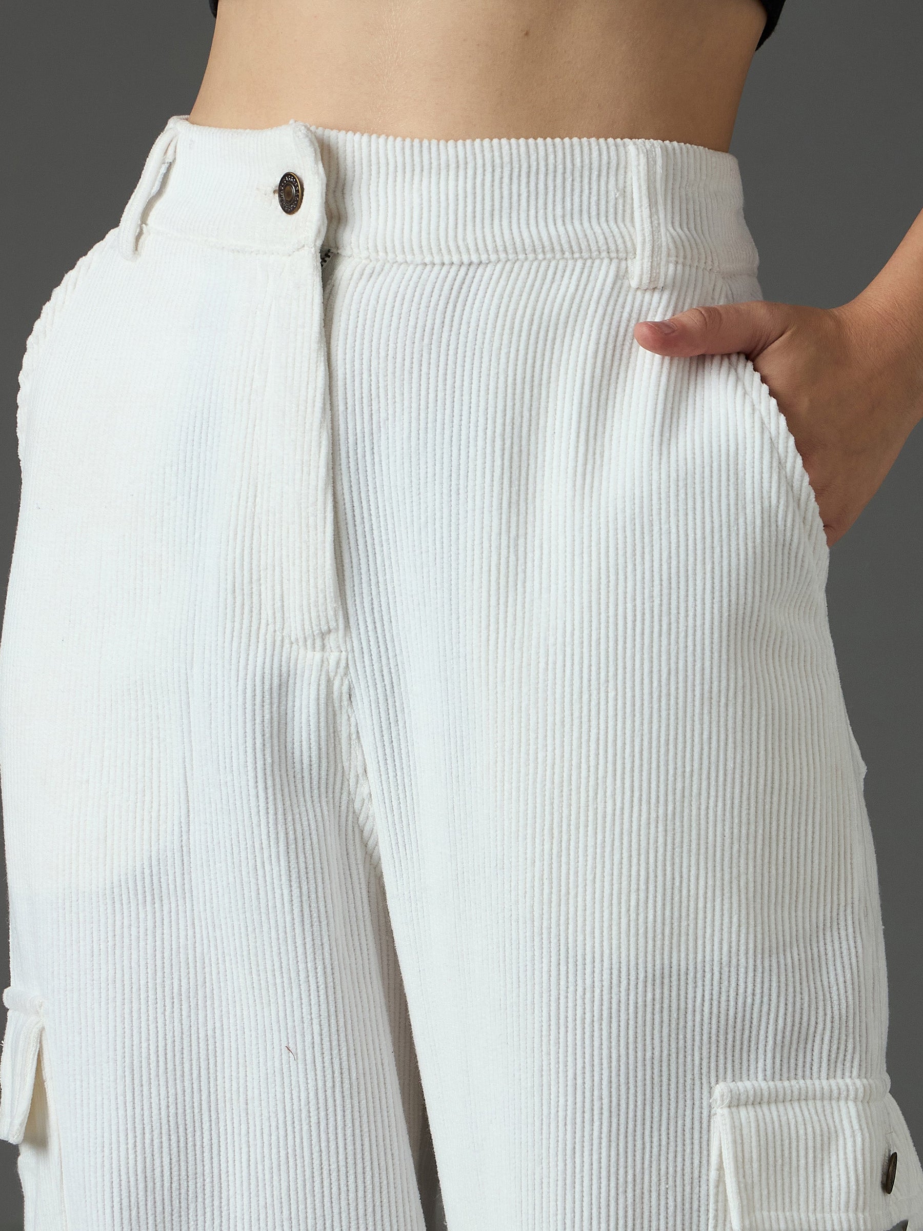 White Corduroy Straight Fit Cargo Pants-SASSAFRAS