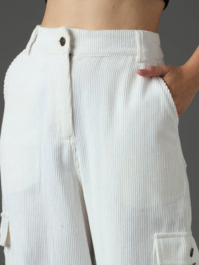White Corduroy Straight Fit Cargo Pants-SASSAFRAS