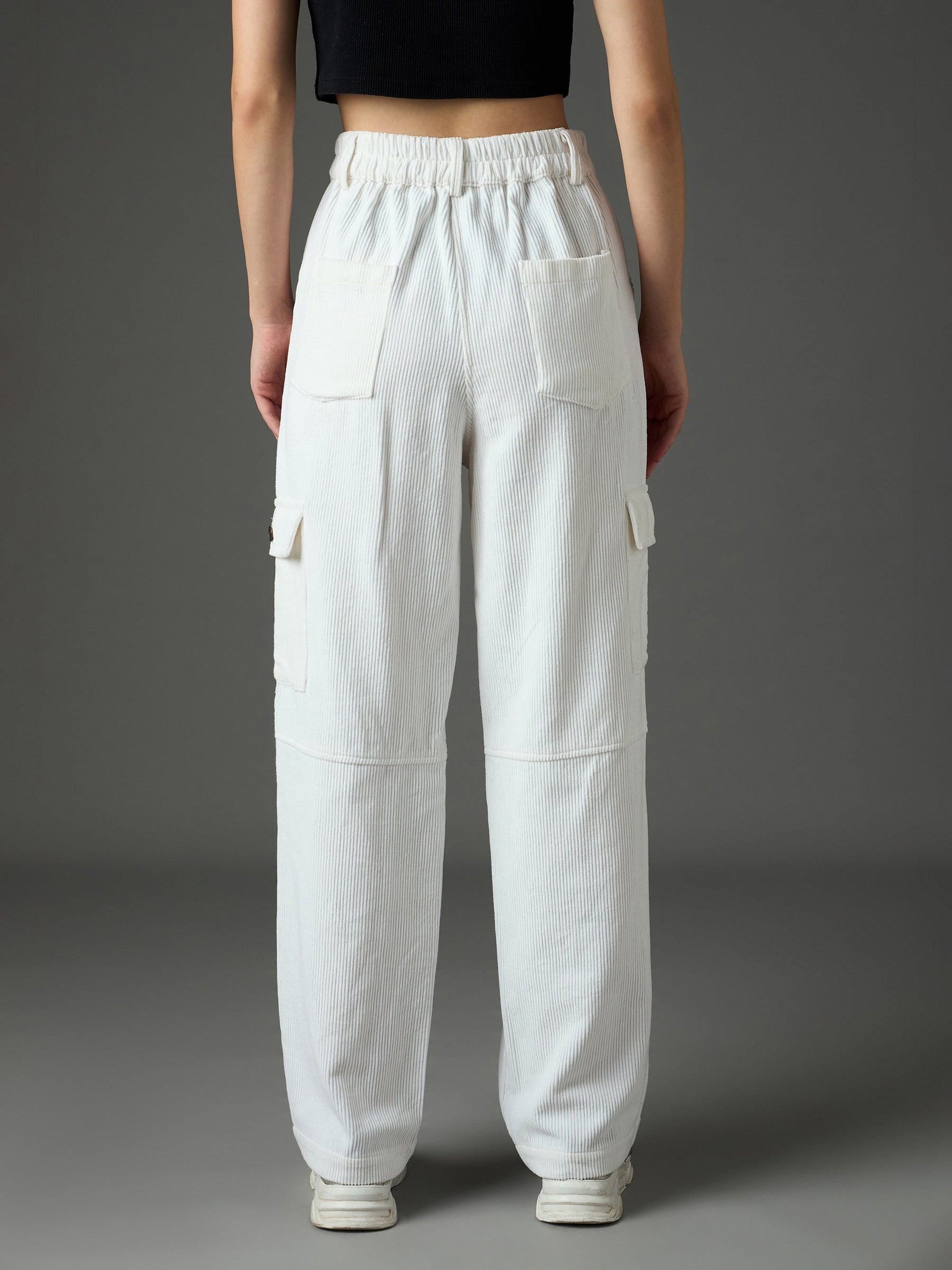 White Corduroy Straight Fit Cargo Pants-SASSAFRAS
