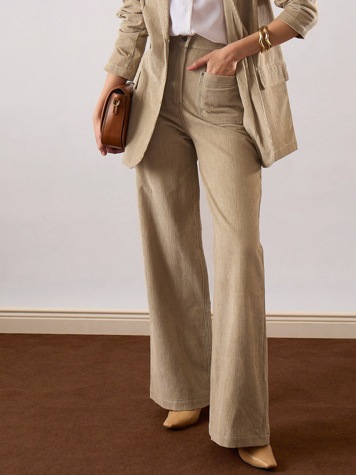 Beige Corduroy Front Patch Pocket Wide Leg Pants-SASSAFRAS