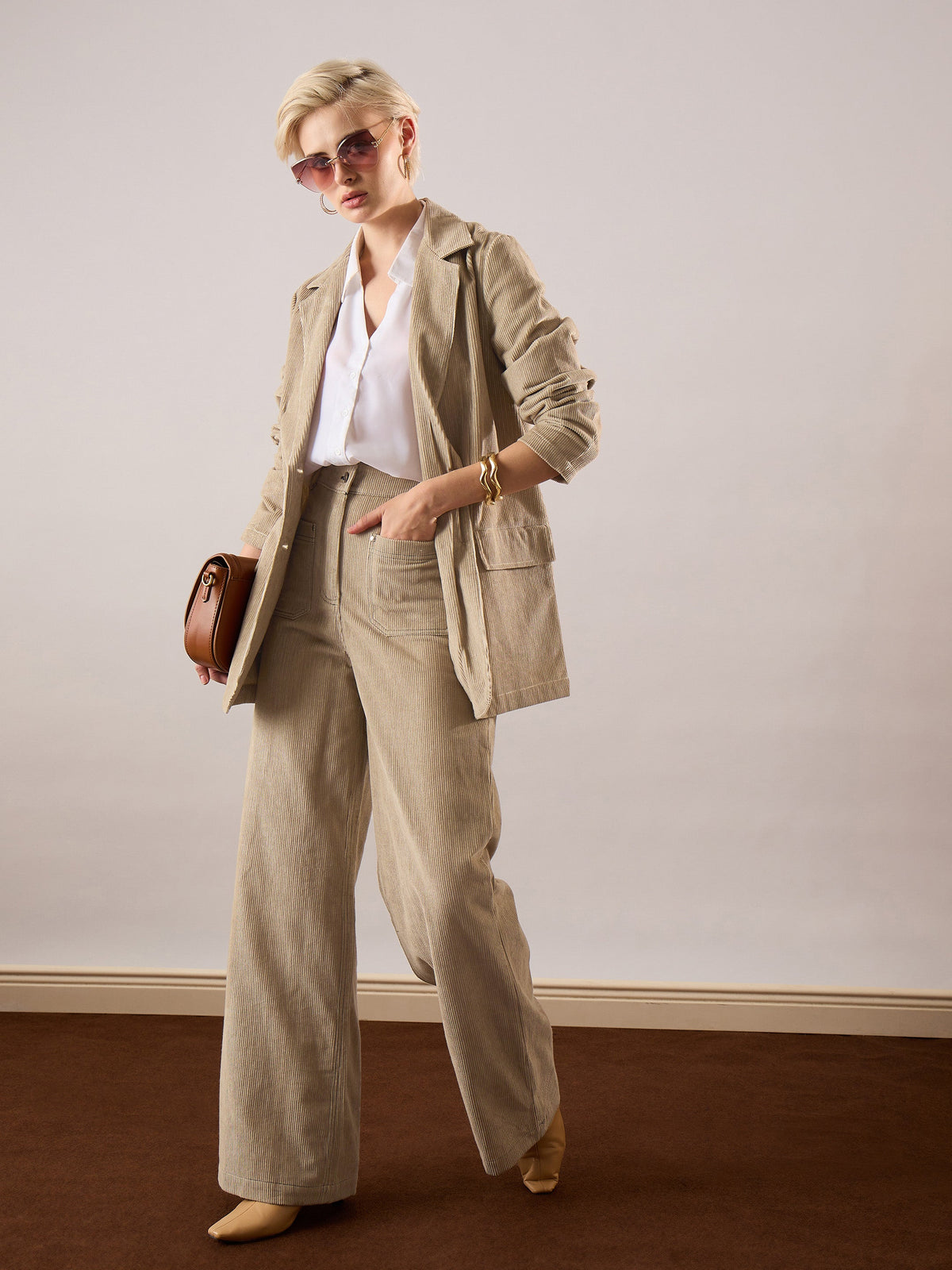 Beige Corduroy Front Patch Pocket Wide Leg Pants-SASSAFRAS