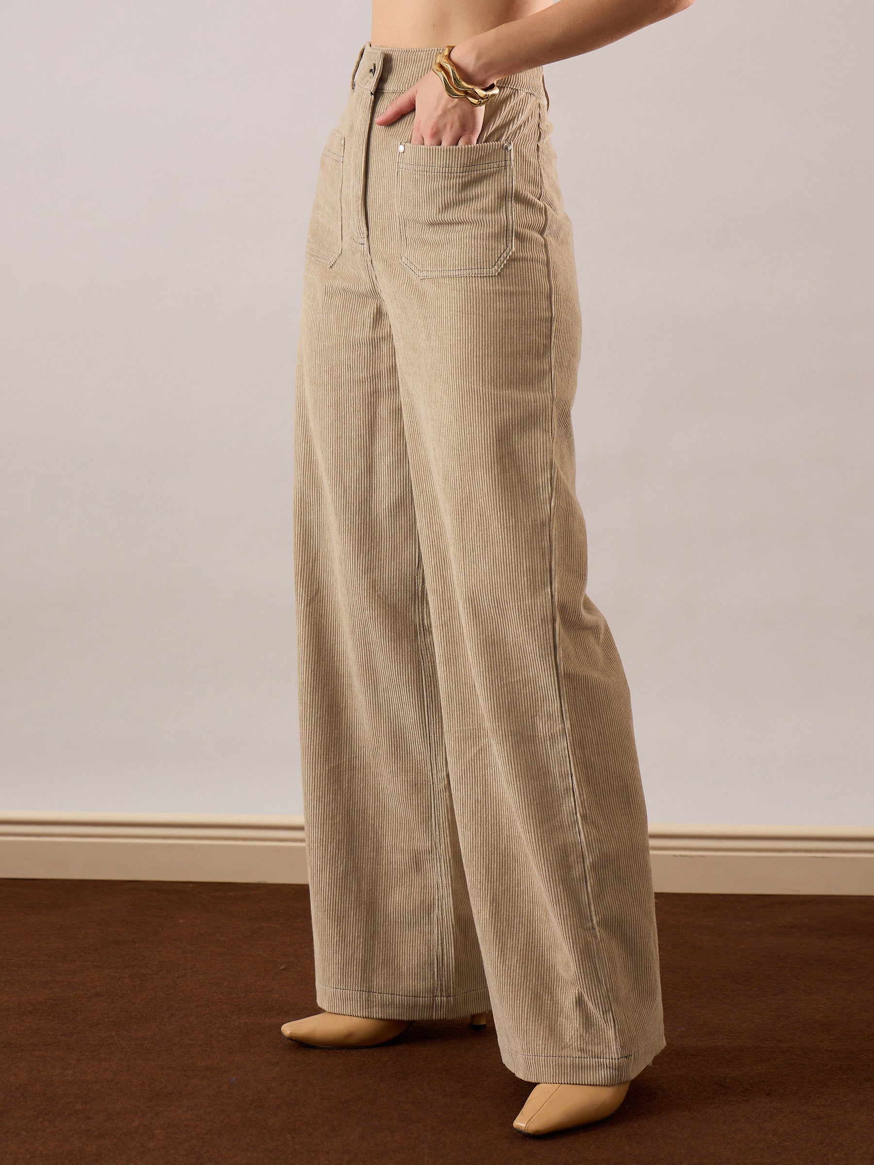 Beige Corduroy Front Patch Pocket Wide Leg Pants-SASSAFRAS