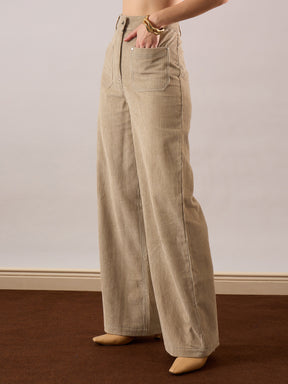 Beige Corduroy Front Patch Pocket Wide Leg Pants-SASSAFRAS