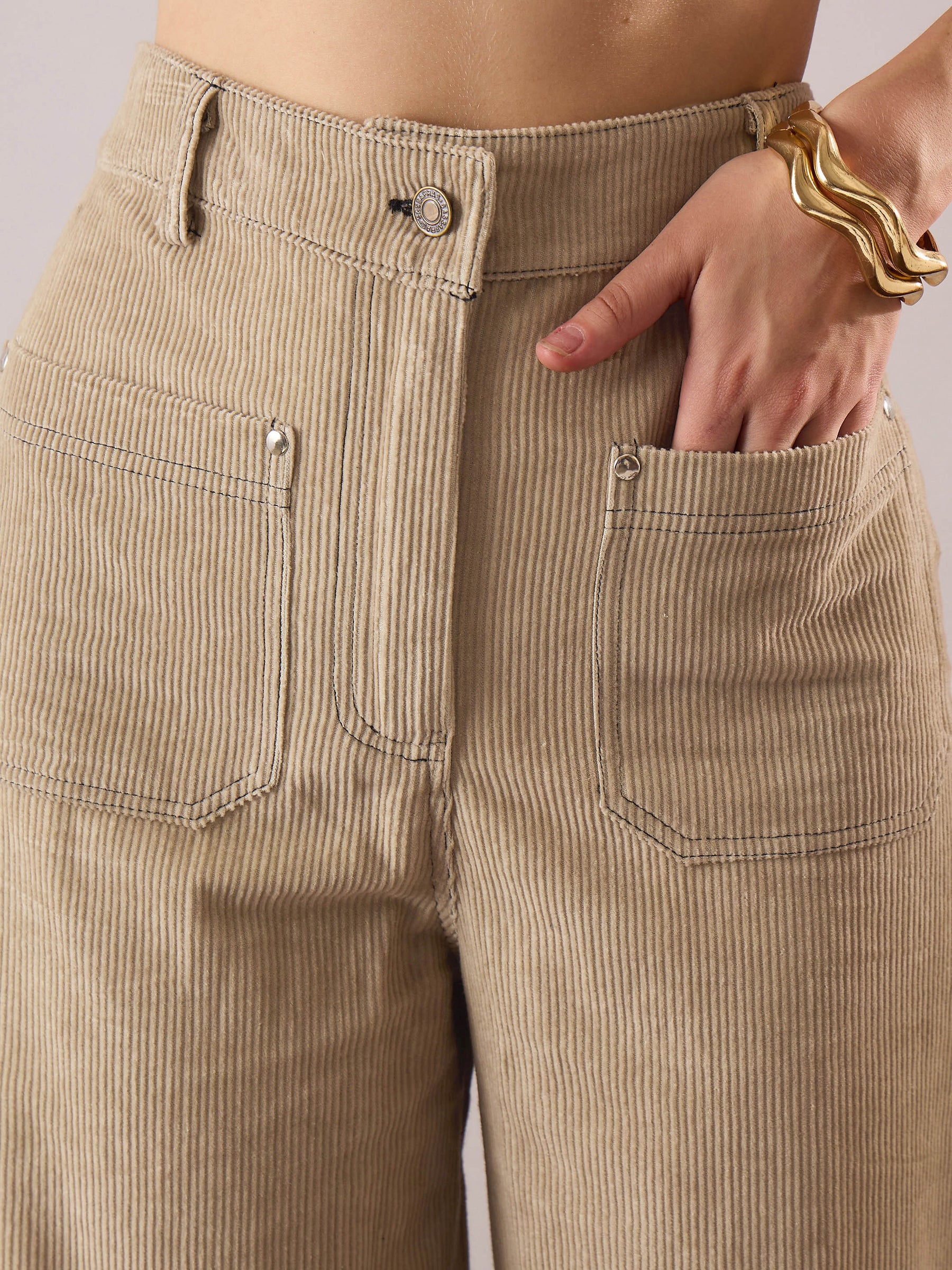 Beige Corduroy Front Patch Pocket Wide Leg Pants-SASSAFRAS