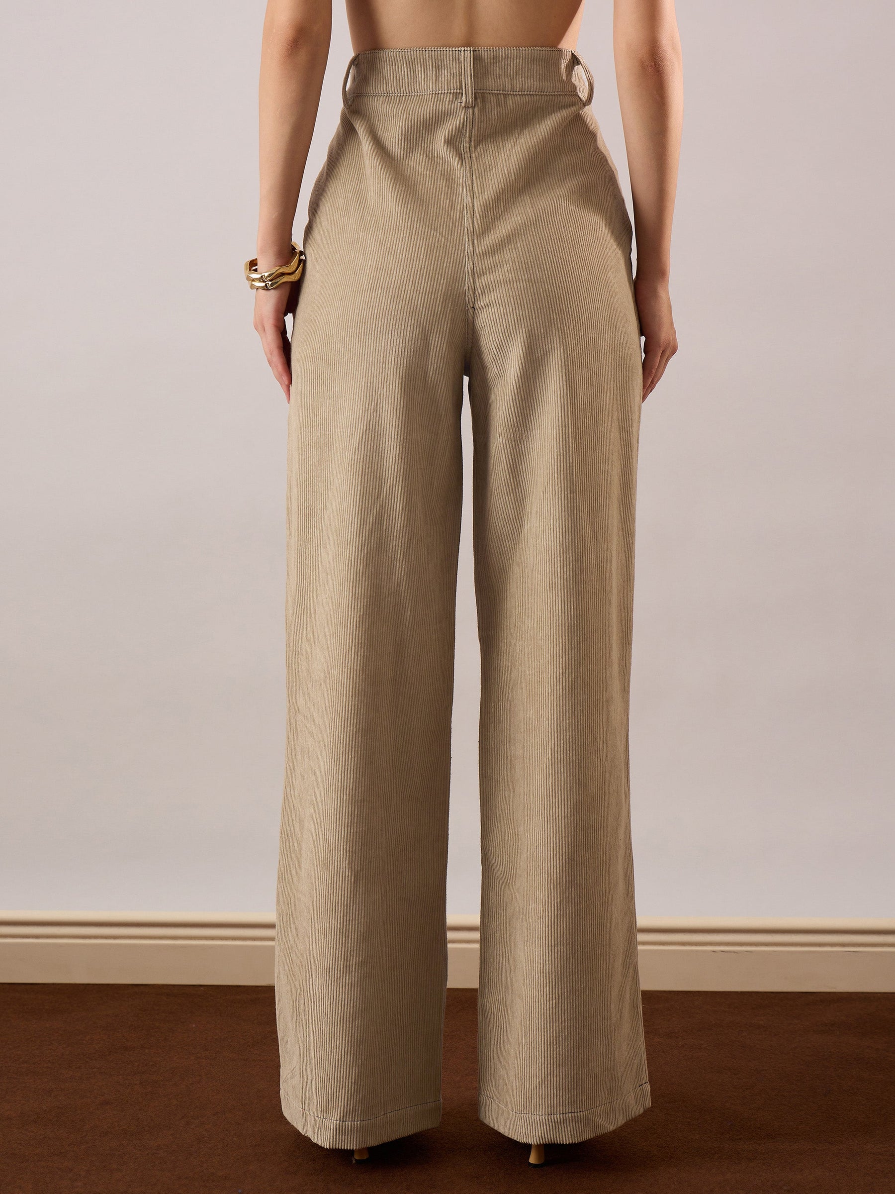 Beige Corduroy Front Patch Pocket Wide Leg Pants-SASSAFRAS
