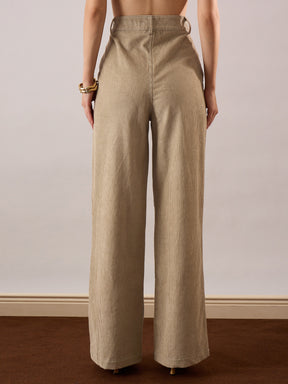 Beige Corduroy Front Patch Pocket Wide Leg Pants-SASSAFRAS