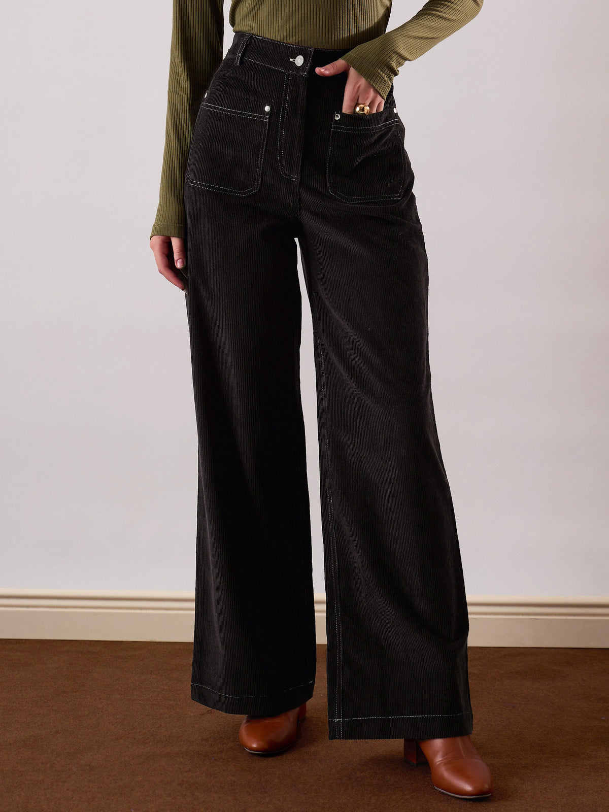 Black Corduroy Front Patch Pocket Wide Leg Pants-SASSAFRAS