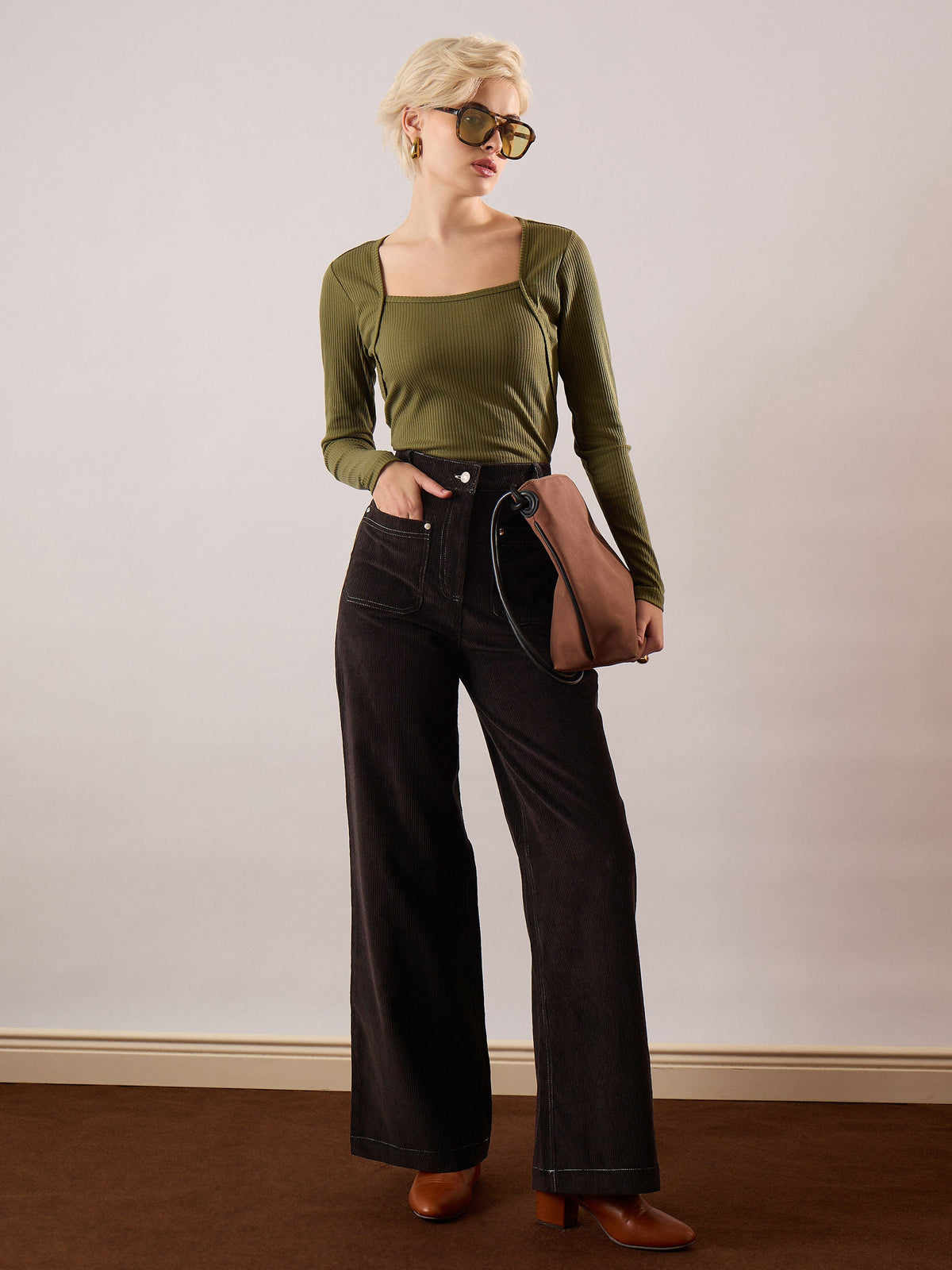 Black Corduroy Front Patch Pocket Wide Leg Pants-SASSAFRAS