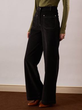 Black Corduroy Front Patch Pocket Wide Leg Pants-SASSAFRAS