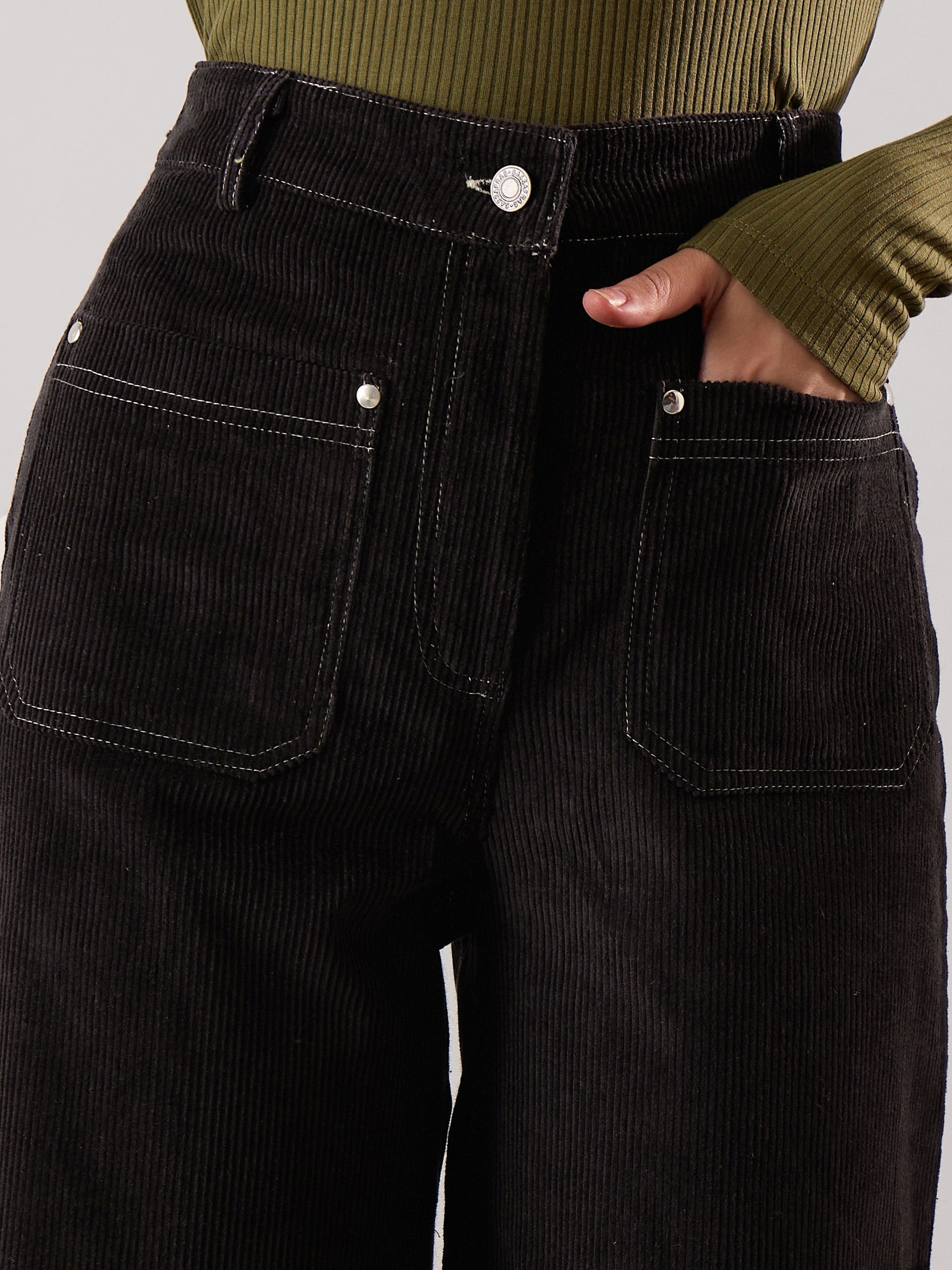 Black Corduroy Front Patch Pocket Wide Leg Pants-SASSAFRAS