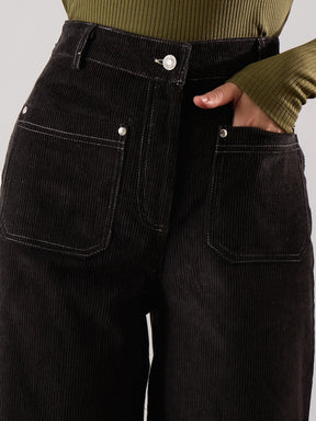 Black Corduroy Front Patch Pocket Wide Leg Pants-SASSAFRAS