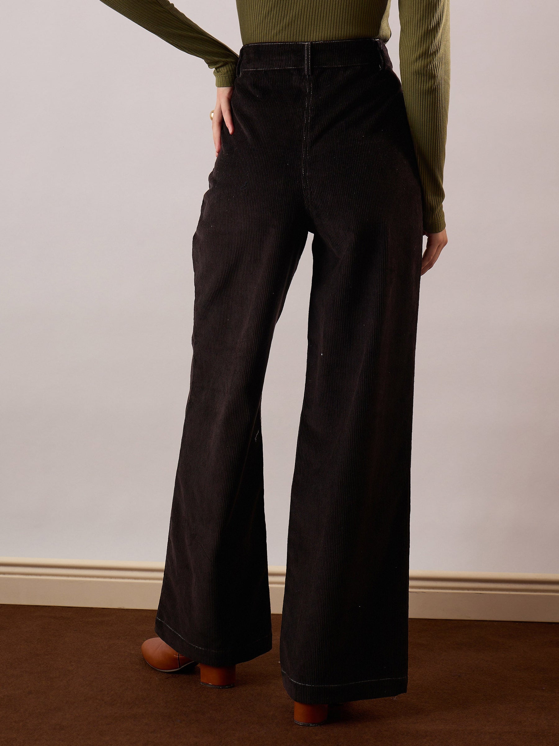 Black Corduroy Front Patch Pocket Wide Leg Pants-SASSAFRAS