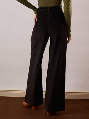 Black Corduroy Front Patch Pocket Wide Leg Pants-SASSAFRAS