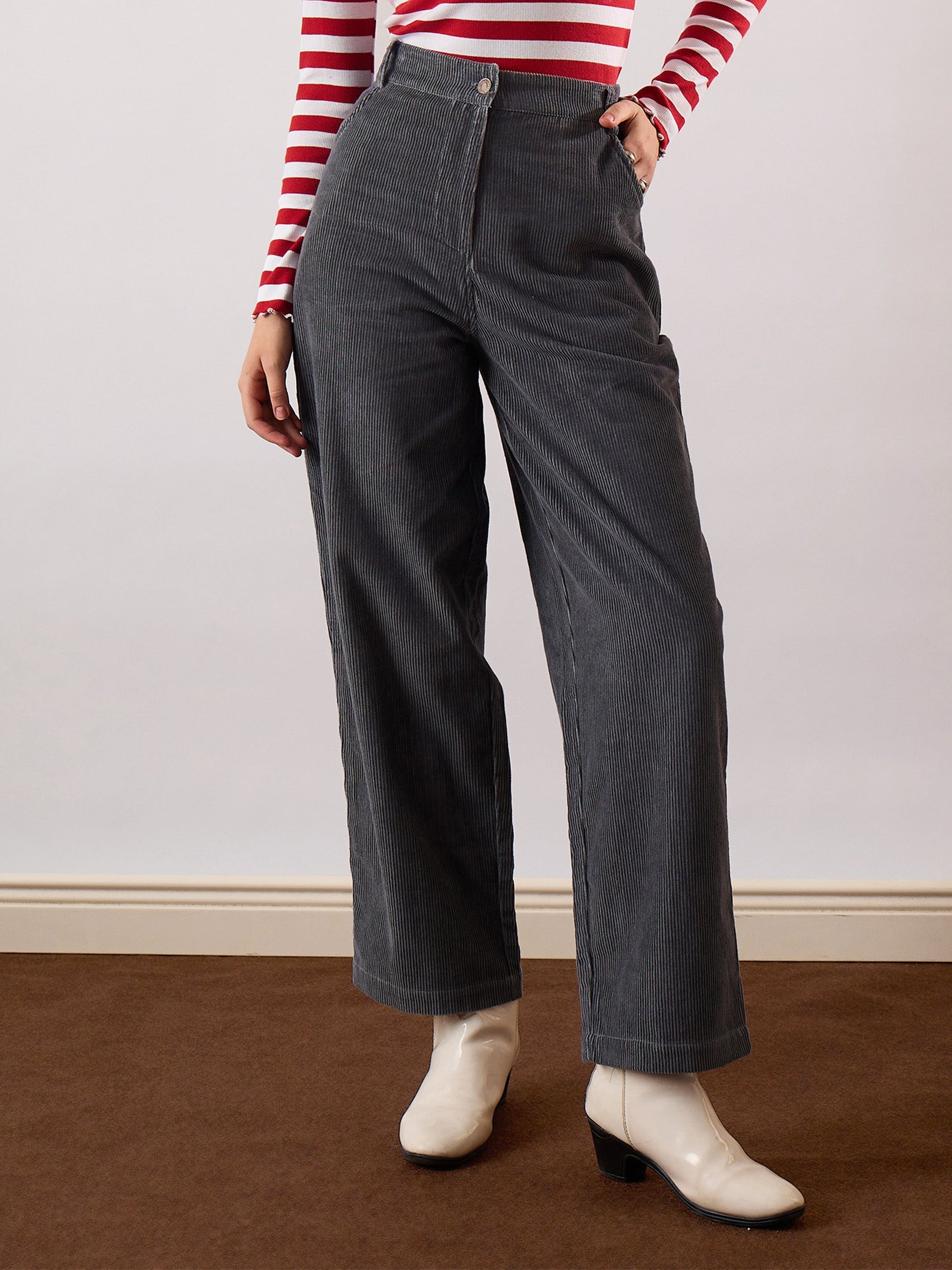 Grey Corduroy Straight Fit Pants-SASSAFRAS