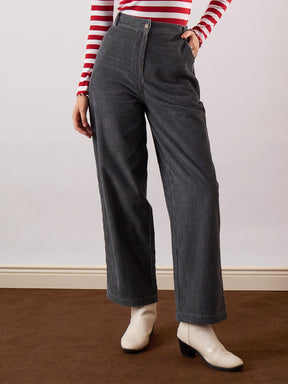 Grey Corduroy Straight Fit Pants-SASSAFRAS