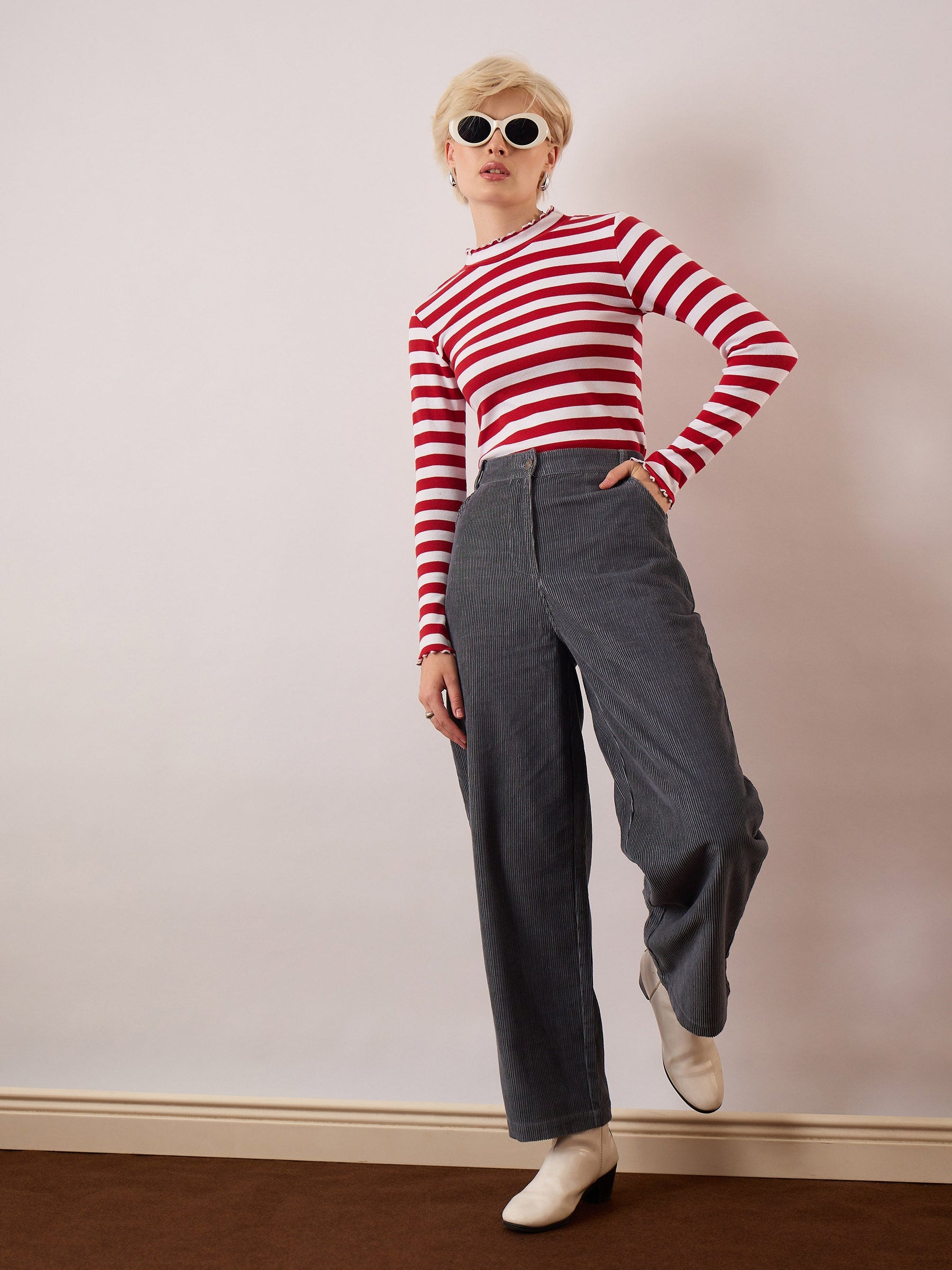 Grey Corduroy Straight Fit Pants-SASSAFRAS