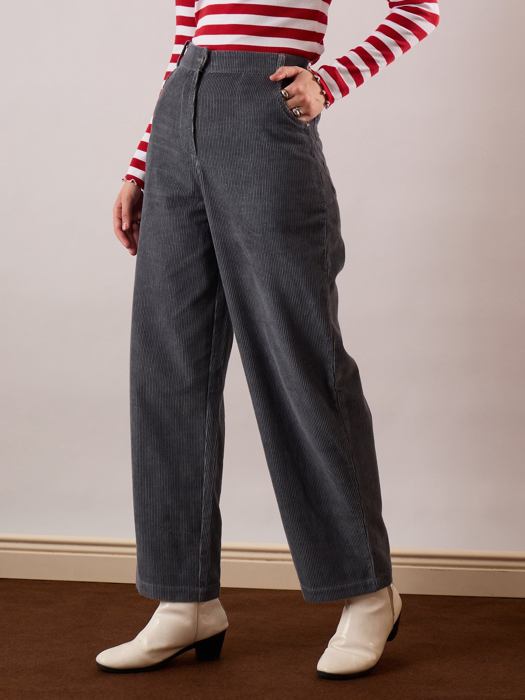 Grey Corduroy Straight Fit Pants-SASSAFRAS