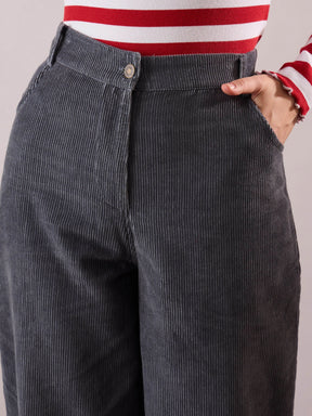 Grey Corduroy Straight Fit Pants-SASSAFRAS