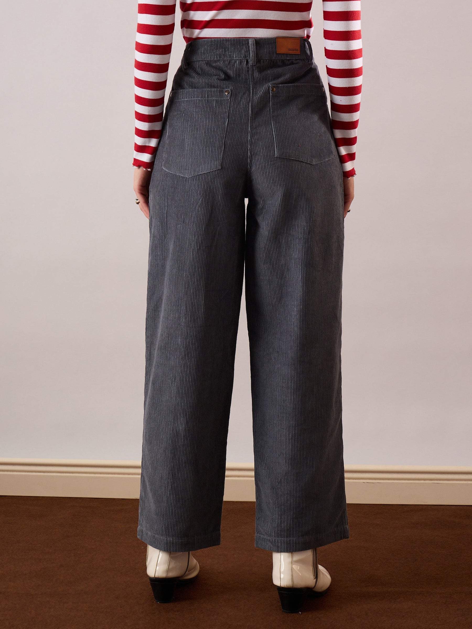 Grey Corduroy Straight Fit Pants-SASSAFRAS