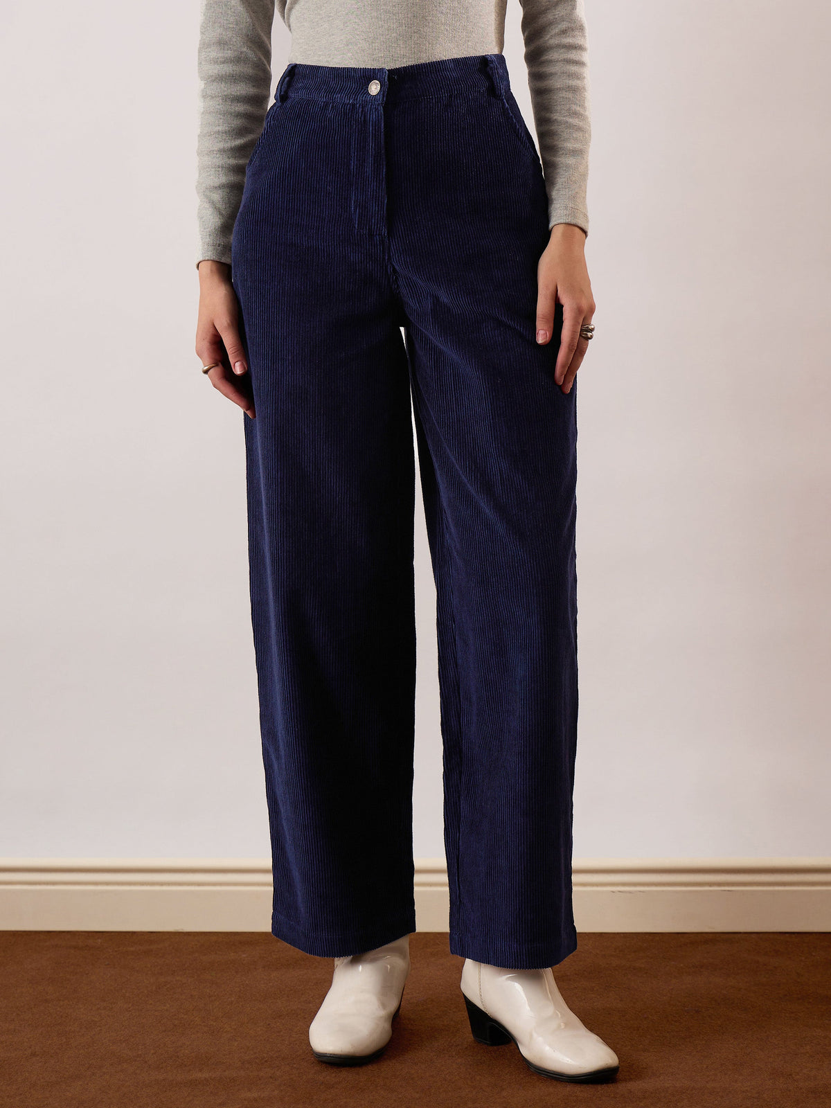 Navy Blue Corduroy Straight Fit Pants-SASSAFRAS