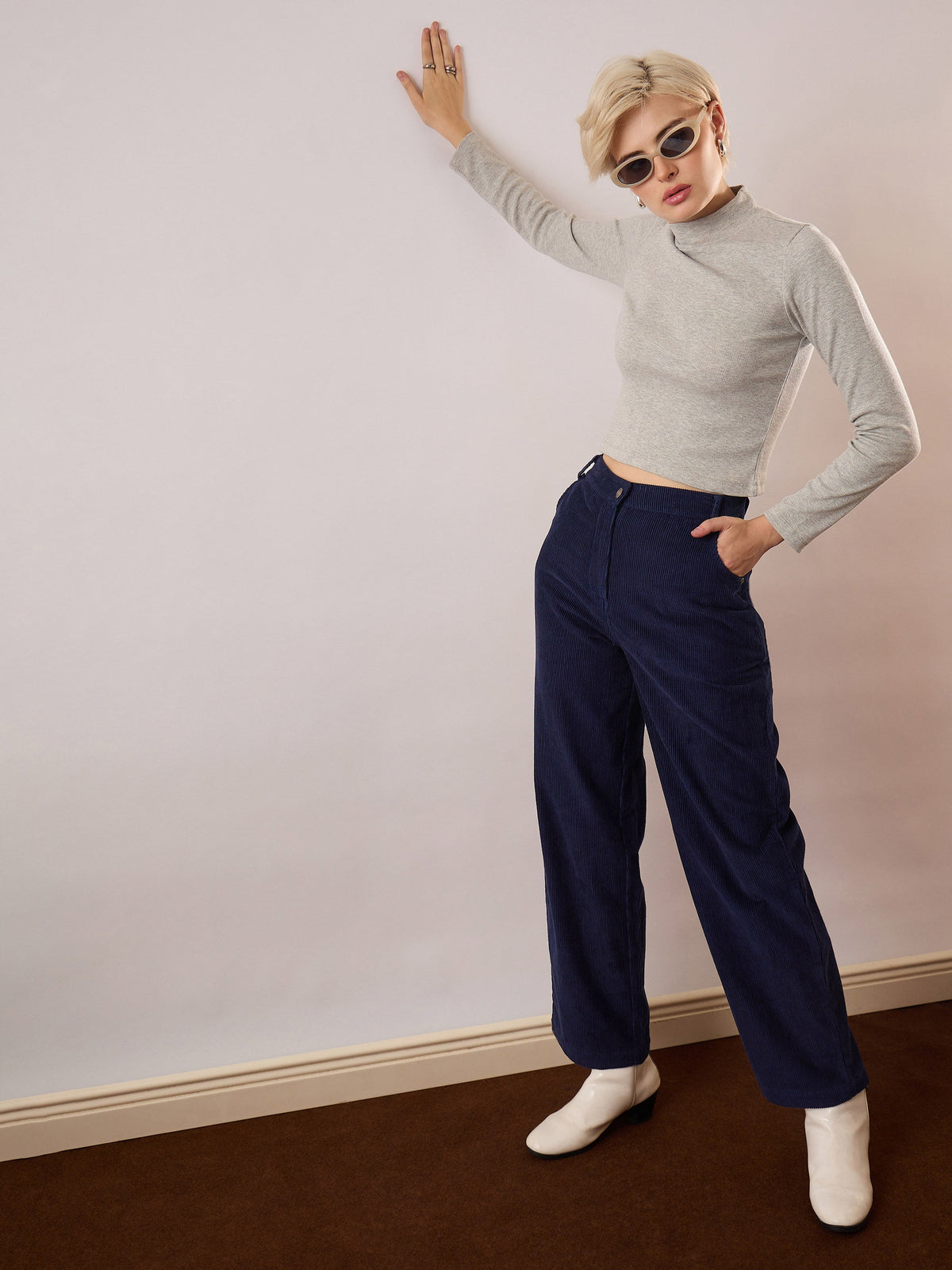 Navy Blue Corduroy Straight Fit Pants-SASSAFRAS