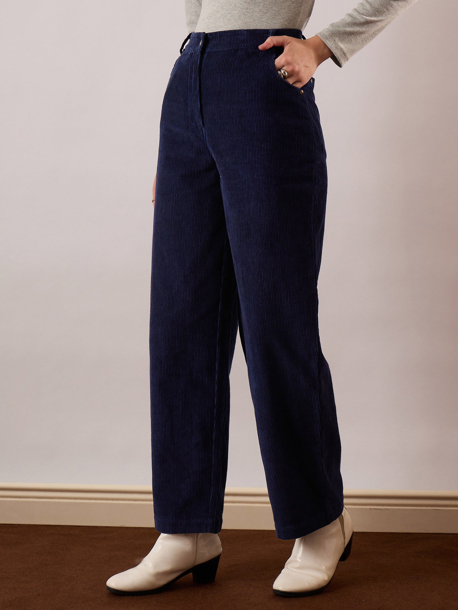 Navy Blue Corduroy Straight Fit Pants-SASSAFRAS