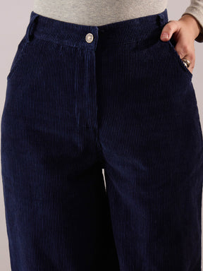 Navy Blue Corduroy Straight Fit Pants-SASSAFRAS