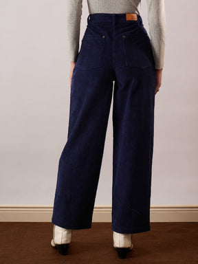 Navy Blue Corduroy Straight Fit Pants-SASSAFRAS