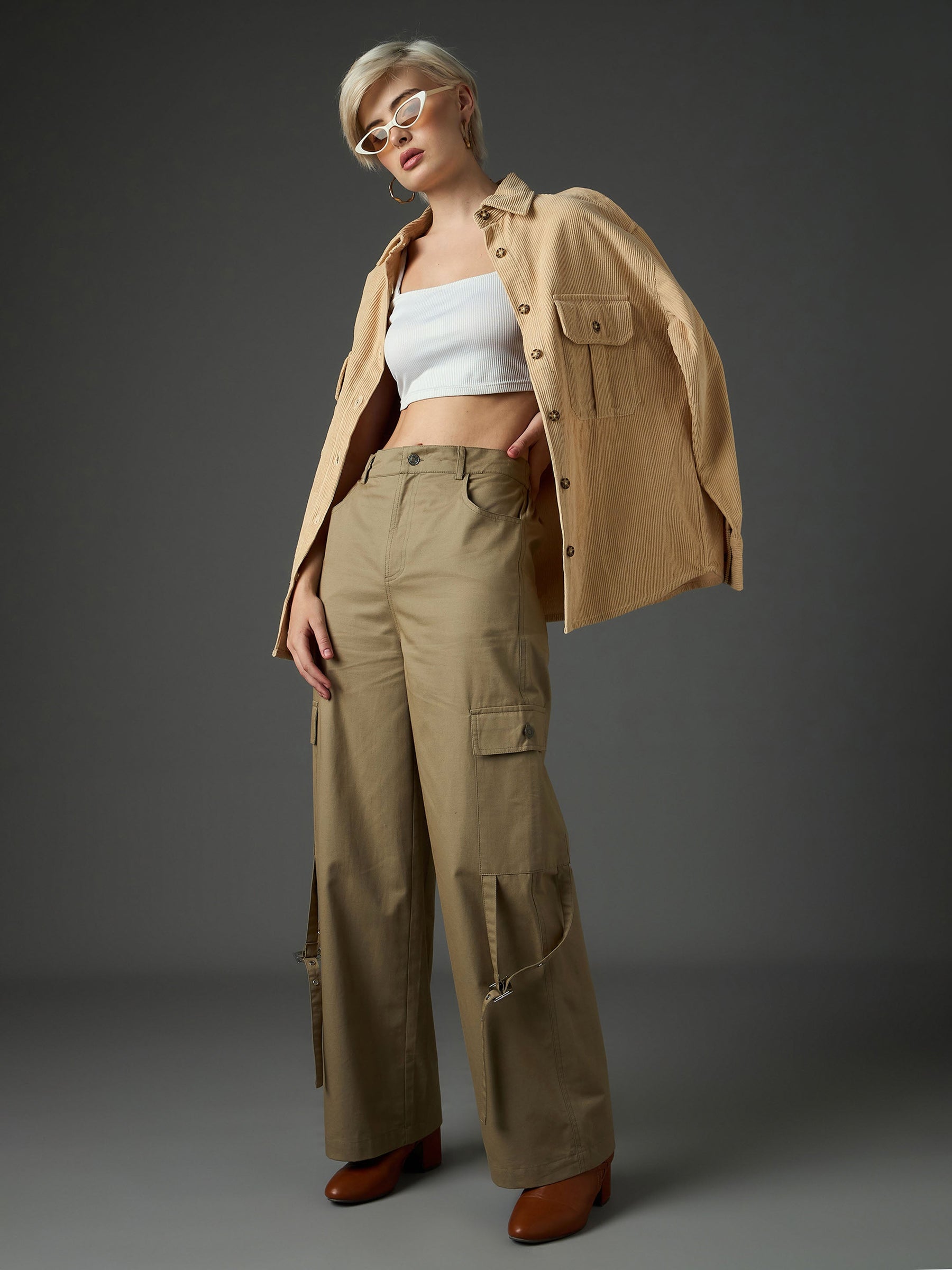 Pastel Olive Twill Pocket Loop Detail Cargo Pants-SASSAFRAS