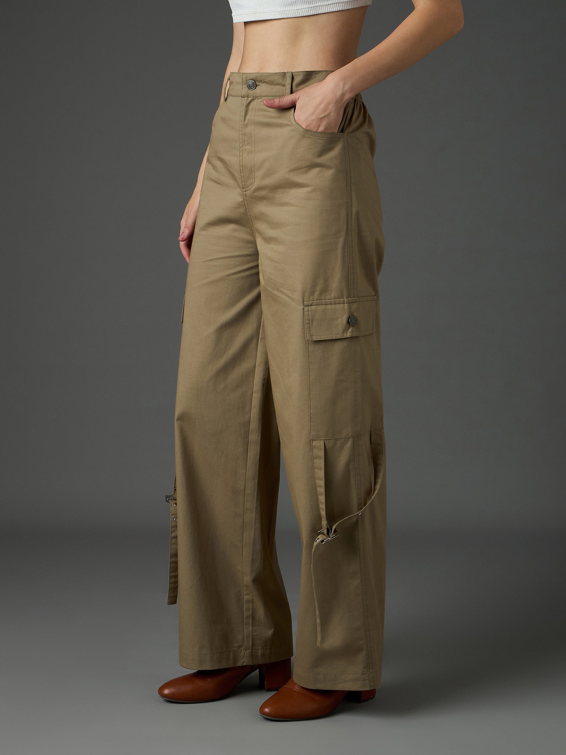 Pastel Olive Twill Pocket Loop Detail Cargo Pants-SASSAFRAS