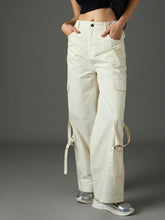 White Twill Pocket Loop Detail Cargo Pants-SASSAFRAS